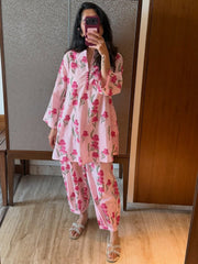 Women Pink Cotton Floral Print Co-Ord set
