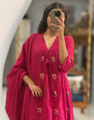 Women Pink Cotton Pintucks Embroidery Kurta Pant and Dupatta set