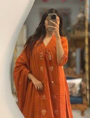 Women Orange Cotton Pintucks Embroidery Kurta Pant and Dupatta set