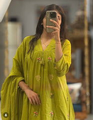 Women Green Cotton Pintucks Embroidery Kurta Pant and Dupatta set