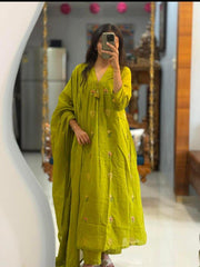 Women Green Cotton Pintucks Embroidery Kurta Pant and Dupatta set