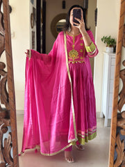 Women Pink Cotton Embroidery Kurta Pant and Dupatta set