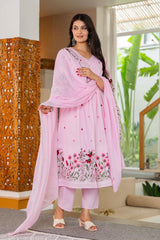 Women Pink Cotton Embroidery Gathers Kurta Pant and Dupatta set