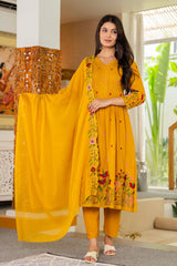 Women Mustard Yellow Cotton Cotton Embroidery Gathers Kurta Pant and Dupatta set