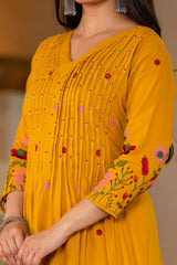 Women Mustard Yellow Cotton Cotton Embroidery Gathers Kurta Pant and Dupatta set