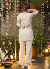 Women Cream French Crepe Embroidery Co-Ord set