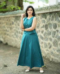 Women Teal Blue Cotton Top and Skirt set
