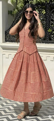 Women Brick Red Cotton Top and Skirt set