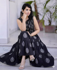 Women Black Leaves Cotton Top Skirt set