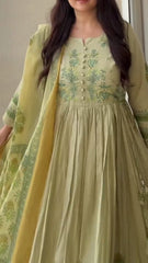 Women Pista Green Cotton Embroidery Kurta Pant and Dupatta set