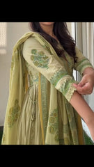 Women Pista Green Cotton Embroidery Kurta Pant and Dupatta set