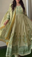 Women Pista Green Cotton Embroidery Kurta Pant and Dupatta set