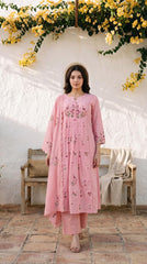 Women Pink Cotton Embroidery Front Panel Kurta Pant and Dupatta set