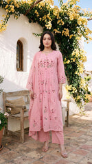 Women Pink Cotton Embroidery Front Panel Kurta Pant and Dupatta set