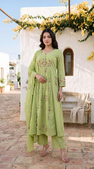 Women Green Cotton Embroidery Front Panel Kurta Pant and Dupatta set