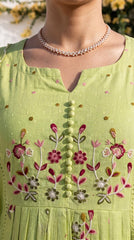 Women Green Cotton Embroidery Front Panel Kurta Pant and Dupatta set