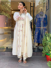 Women White Cotton Embroidery Front Panel Kurta Pant Dupatta set