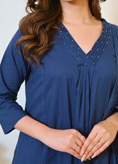 Women Blue Cotton Panel Embroidery Kurta Pant and Mulmul Dupatta set