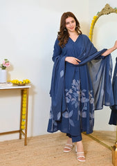 Women Blue Cotton Panel Embroidery Kurta Pant and Mulmul Dupatta set