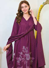 Women Wine Cotton Panel Embroidery Kurta Pant and Mulmul Dupatta set
