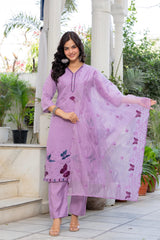Women Lavender Roman Silk Embroidery Kurta Pant and Dupatta set