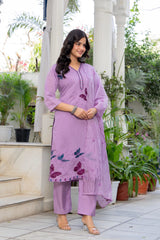 Women Lavender Roman Silk Embroidery Kurta Pant and Dupatta set