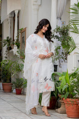 Women White Roman Silk Embroidery Kurta Pant and Dupatta set