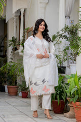 Women White Roman Silk Embroidery Kurta Pant and Dupatta set