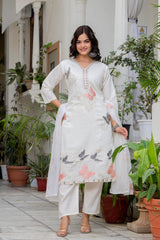 Women White Roman Silk Embroidery Kurta Pant and Dupatta set