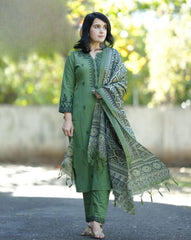 Women Green Cotton Fashion Swag Kurta Pant and Dupatta set