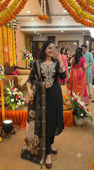 Women Black Roman Silk Kurta Pant and Chanderi Dupatta set