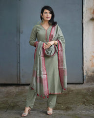 Women Olive Green Cotton Embroidery Kurta Pant and Dupatta set