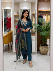 Women Teal Blue Roman Silk Embroidery Kurta Pant and Dupatta set