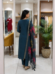 Women Teal Blue Roman Silk Embroidery Kurta Pant and Dupatta set