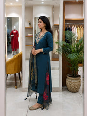 Women Teal Blue Roman Silk Embroidery Kurta Pant and Dupatta set