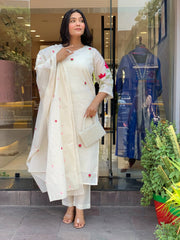 Women White Cotton Embroidery Booti Kurta Pant and Dupatta set