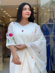 Women White Cotton Embroidery Booti Kurta Pant and Dupatta set