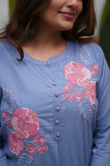 Women Powder Blue Cotton Embroidery Tulip Kurta Pant and Dupatta set