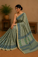 Pure Sage green Block Print Chanderi Silk Saree