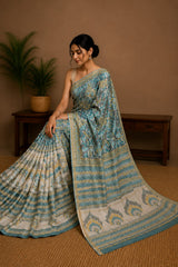 Pure Sea Green Block Print Chanderi Silk Saree