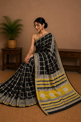 Pure Black Squares Block Print Chanderi Silk Saree