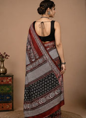 Pure Grey Hand block Print Cotton Mulmul Saree