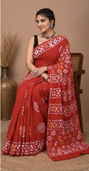 Pure Red Jaipuri Handblock Print Cotton Mulmul Saree