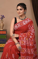 Pure Red Jaipuri Handblock Print Cotton Mulmul Saree
