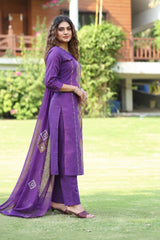 Women Purple Muslin Embroidery Kurta Pant and Dupatta set