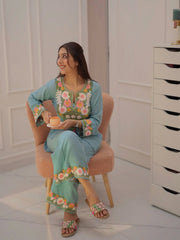 Women Sky Blue Cotton Embroidery Flowers Co-Ord set