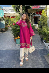 Women Pink Cotton Embroidery Sleeves Co-Ord set