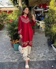 Women Red Cotton Embroidery Sleeves Co-Ord set