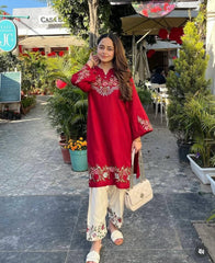 Women Red Cotton Embroidery Sleeves Co-Ord set