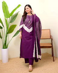 Women Purple Cotton Discharge Print Kurta Pant and Dupatta set
